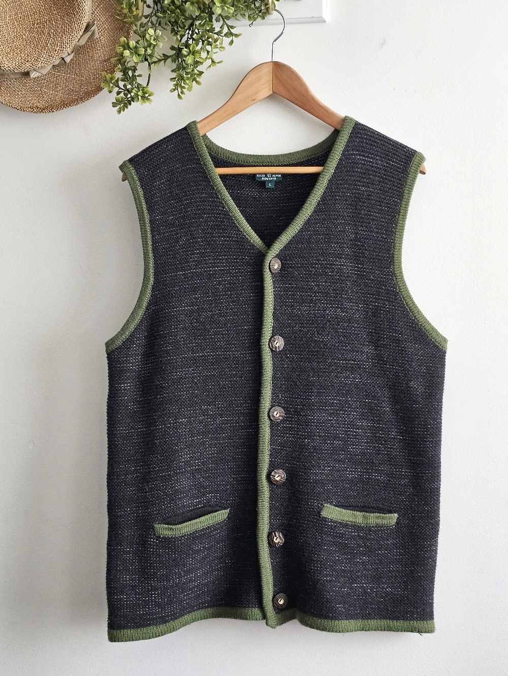 Kitzo Alpen Austria Wool Blend Vest Alpine Button Front Green Trim L